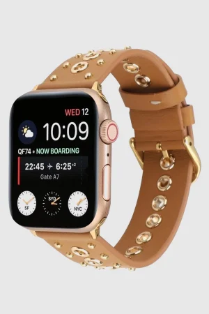Elektra Brown Leather Apple Watch Band with Gold Rivets