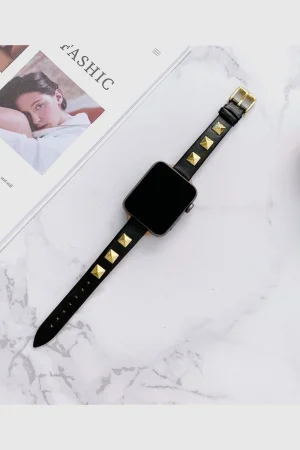 Rockstar Slim Leather Band with Gold Studs for Apple Watch in Black