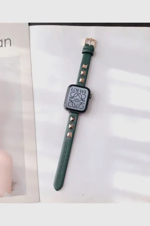Rockstar Slim Leather Band with Gold Studs for Apple Watch in Dark Green