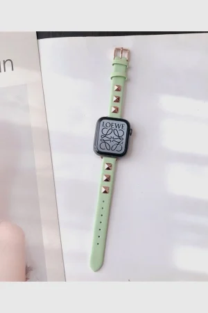 Rockstar Slim Leather Band with Gold Studs for Apple Watch in Light Green