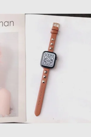 Rockstar Slim Leather Band with Gold Studs for Apple Watch in Saddle Brown