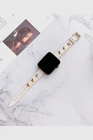 Rockstar Slim Leather Band with Rose Gold Studs for Apple Watch in Cream