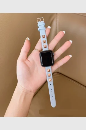 Rockstar Slim Leather Band with Rose Gold Studs for Apple Watch in Light Blue
