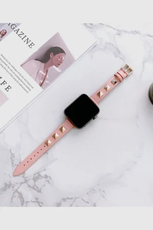 Rockstar Slim Leather Band with Rose Gold Studs for Apple Watch in Pink