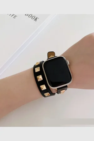 Rockstar Wrap Double Tour Leather Band for Apple Watch in Black