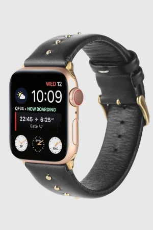Shakira Leather Band with Gold Studs for Apple Watch in Black